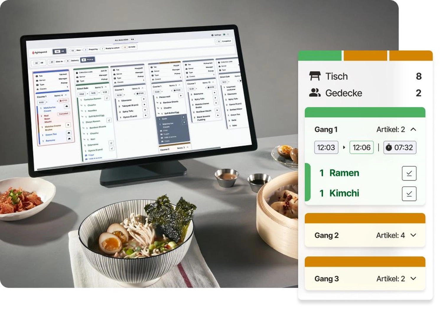 Kasse Südwest – Das Bild zeigt das Lightspeed-Kassensystem (POS) für Restaurants, insbesondere die Küchenanzeige und die Bestellverwaltungsfunktionen.